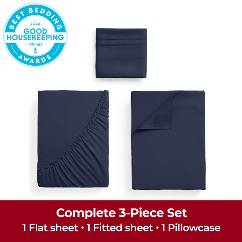 Mellanni Extra Deep Twin Sheets - 3 PC Iconic Collection Bedding - Hotel Luxury, Ultra Soft, Cooling Bed Sheets - Wrinkle, Fade, Stain Resistant (Twin, Navy Blue) - Image 4